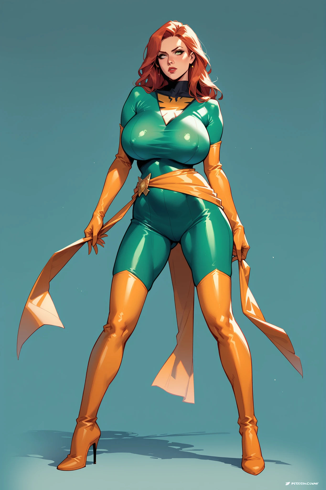 score_9, score_8_up, score_7_up, solo, 1girl, JeanGrey, tight green bodysuit, sash, elbow gloves, thigh highs, simple background, zPDXL, huge breasts, perfect long legs, high heel boots, nsfw, erotic posing, show full body,