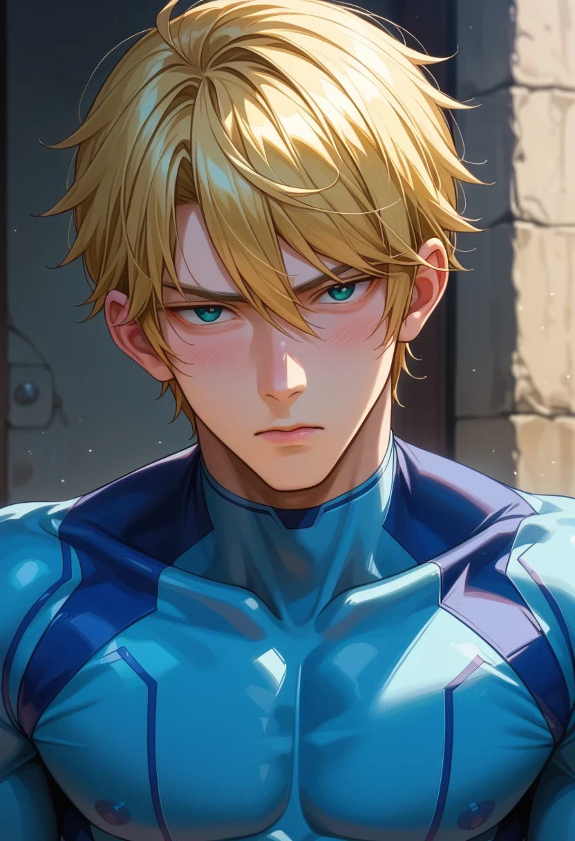 score 9 、score 8 up、score 7 up、1boy、solo、(male:1.5)、male focus、male body、defSamus、金髪、短髪、ボディスーツ、zero suit、blue body suit、blue clothes、blue pantynose、長袖、blue gloves、立っている、頭を横向きにする、あなたを見ている、腕組み、叩く、悲しい、ジューシーな唇、cave entrance、