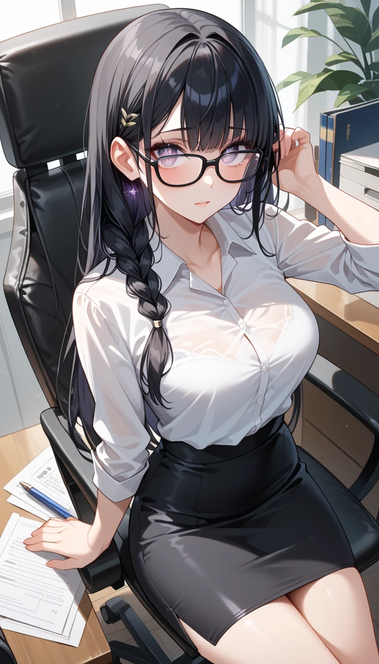 ((masterpiece)), ((best quality)), (ultra-detailed), ((kawaii)), cute, (lovely), ((sexy)), (ero), ((extremely detailed)), 4K, (8K), best quality, (beautiful), anime style, upper body, focus on the face, full body focus, office, personal computers, morning, a cute girl, 1girl, solo, suit, beautiful light brown hair, beautiful purple eyes, ((beautiful eyes)), white-skinned, ponytail, transparent hair, translucent hair, large breast, glasses, earrings, necklace, cup, coffee, light smile, lens flare, reflection effect