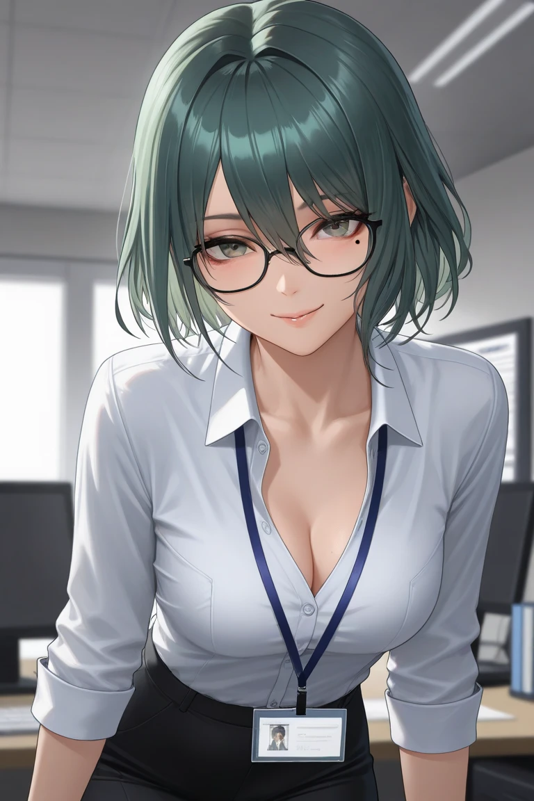 8k, masterpiece, best quality, highly detailed, 1girl, tiefling, multicolored hair, very short straight hair green highlight hair on white hair, strippled hair, wearing glasses, earrings, necklace, mole, glowing green eyes, glamorous, office clothes, high heels, white shirt, miniskirt, office, purple and teal shirt, villainy, smirk, seductive pose, close up view, rings, looking at viewer, demon horns, standing, office lady, pencil, dossier, files.