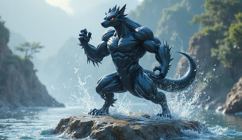 half wolf, The half-dragon stands on its hind legs in the water,Sideways photo,There are extra-long dragon tails。There are vertical scales on the back。The eyes are fierce。Has big furry ears。The villain is handsome,Strong and powerful, Dramatic cinematic details fur, hyper realistic fur, highly realistic photograph, cinematic full body shot, cinematic full shot, guardian of the holy lake, adventure hyper realistic render, volumetric fur, ultra-realistic picture, Make a gesture of majesty, hyperreal rendering,A combination of mythical creatures, wolves and dragons --auto