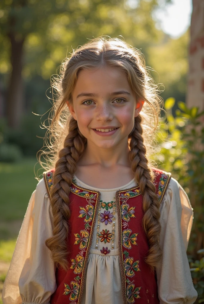 Melhor qualidade, obra-prima, ultra alto nada, fotorrealista, foto crua, Girl child 10 years old, Russian blonde in braids, com roupa de jaqueta de couro vermelha, Estilo retrato, flames are shining. --auto --s2