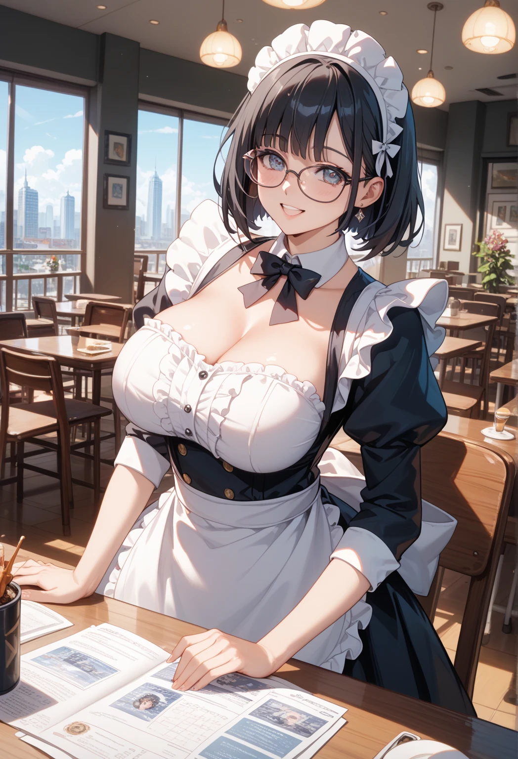 score_9, score_8_up, score_7_up, source_anime, 1girl, black hair, brown eyes, medium hair, cat ears, large breasts, eyeglasses, micro bikini maid, headdress, blouse, skirt, apron, areola, light smile, private room, mansion,