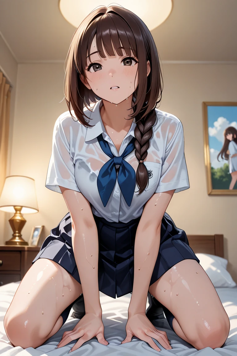 8K quality、High resolution、Man and woman in love、A man presses his penis against a woman from behind、Sexする、Beautiful fair skin texture、High resolutionの瞳、Japanese high school girls、Summer uniform、Open-neck short-sleeved white shirt、Cleavage、mini skirt、Brown Princess Hair、、Small breasts、Sweat accumulates in the chest、classroom、、Sex