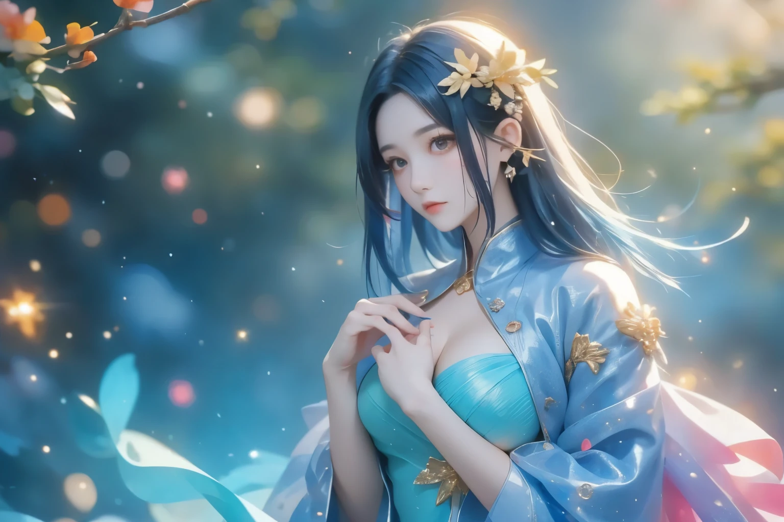A 25-year-old woman with dark blue hair in the city。her silver coat is light blue with precious silver、green、orange、wearing a coat interwoven with pink geometric patterns and colors。her hands are placed in front of her chest to form a round shape like a circle。inside it emits glare light and something like gold powder。is surrounded by tornadoes around her。 who are also naked々has an astonished face like time has stopped。A 25-year-old woman with dark blue hair in the city。her silver coat is light blue with precious silver、green、orange、wearing a coat interwoven with pink geometric patterns and colors。her hands are placed in front of her chest to form a round shape like a circle。inside it emits glare light and something like gold powder。is surrounded by tornadoes around her。 who are also naked々has an astonished face like time has stopped。