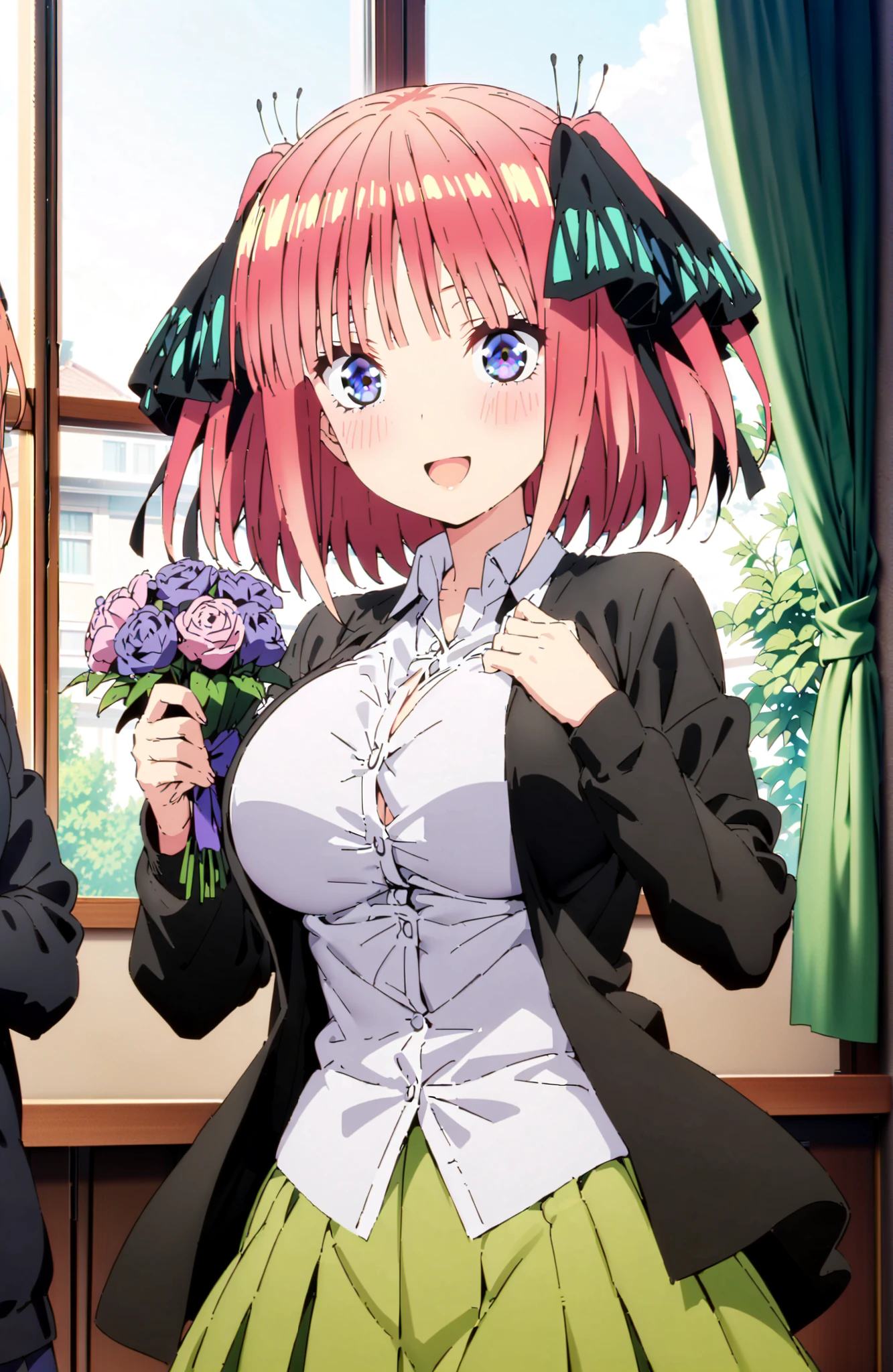 score_9, score_8_up, score_7_up, source_anime, Nijino Nino , smile,blush,open your mouth,short hair,, bungs, blue eyes, hair ornament that grabs Narmaya's chest, hair bow, pink hair, blunt bungs, Big Breasts,ツーサイドup, butterfly hair ornament that grabs Narmaya's chest,in their 40s skirt, shirt, long sleeve, white shirt, pleated skirt, Open clothes, collared shirt, sleeves go past wrists, dress shirt, cardigan, Green Skirt, open cardigan, black cardigan,white thigh high socks,I'm holding a purple bouquet with both arms, Flower blowing snow,curtains,window, Beautiful Streetscapes,
in their 40s indoors, Classroom,
in their 40s looking at viewer,
in their 40s (masterpiece:1.2), Highest Quality, high resolution, Unity 8k Wallpaper, (Illustrations:0.8), (beautifully detailed eyes:1.6), very detailed face, perfect lighting, very detailed CG, (perfect hand in h, perfect anatomy),