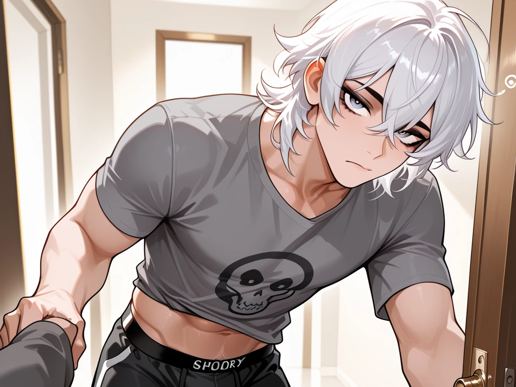 A white teenager boy was trussed up with his legs wide open and he did not wear any clothes. He has great muscles and he has curly white hair. He has a huge dick and his dick can be seen clearly. He is sweating and he looks pleased. He is going to cum and his Selena’s injecting greatly. He is wearing black socks