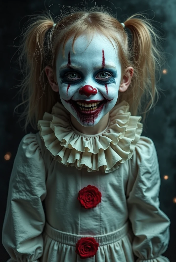 Pennywise version, straight black hair,blue and red clothes with black eyes