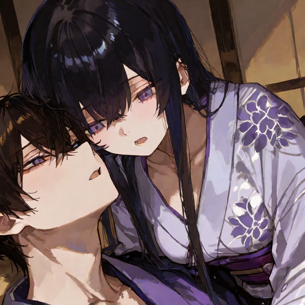 matingpress, 1girl, 1boy, lying on back, vaginal,mating press, kanao tsuyuri (demon slayer), purple eyes, black hair, butterfly hair ornament, ponytail, demon slayer corps uniform,