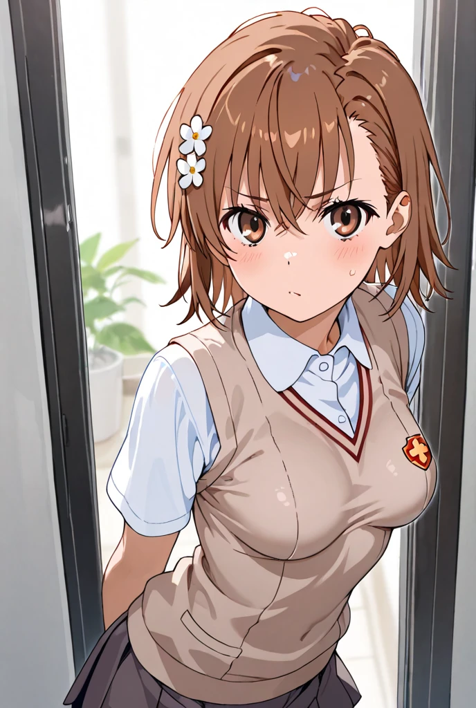 (((pixel perfect, detail perfect))), alone, 1 girl, Misaka Mikoto, tokiwadai , bow, looking at the viewer,, whole body、(Breast Exposure、Nipple exposure、medium breasts))、smile、Tokiwadai Junior High School Uniforms、 (extra detailed panty), (I'm about to take off my panties.)