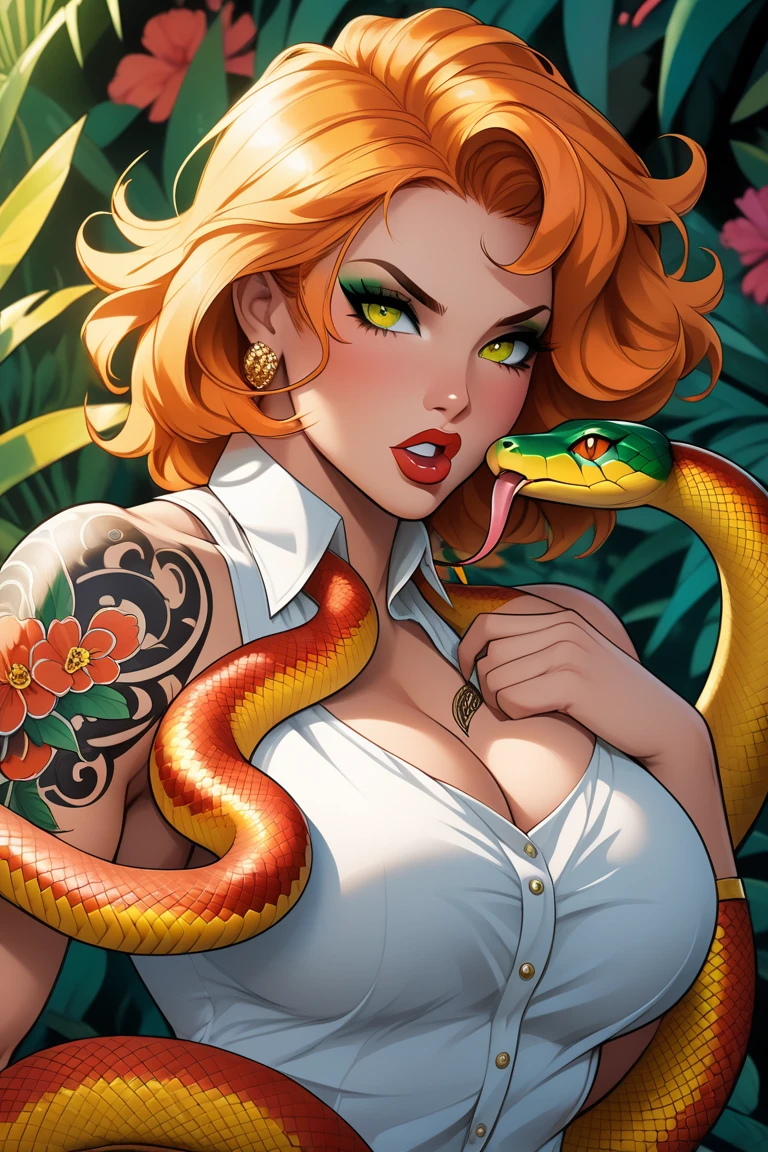 score_9, score_8_up,score_7_up, score_6_up, score_5_up, score_4_up, woman, best quality, highres, portrait, solo, beautiful, makeup, soft lips, hermione as a serpentar, grimace, put out your tongue, large cleavage, snake double tongue