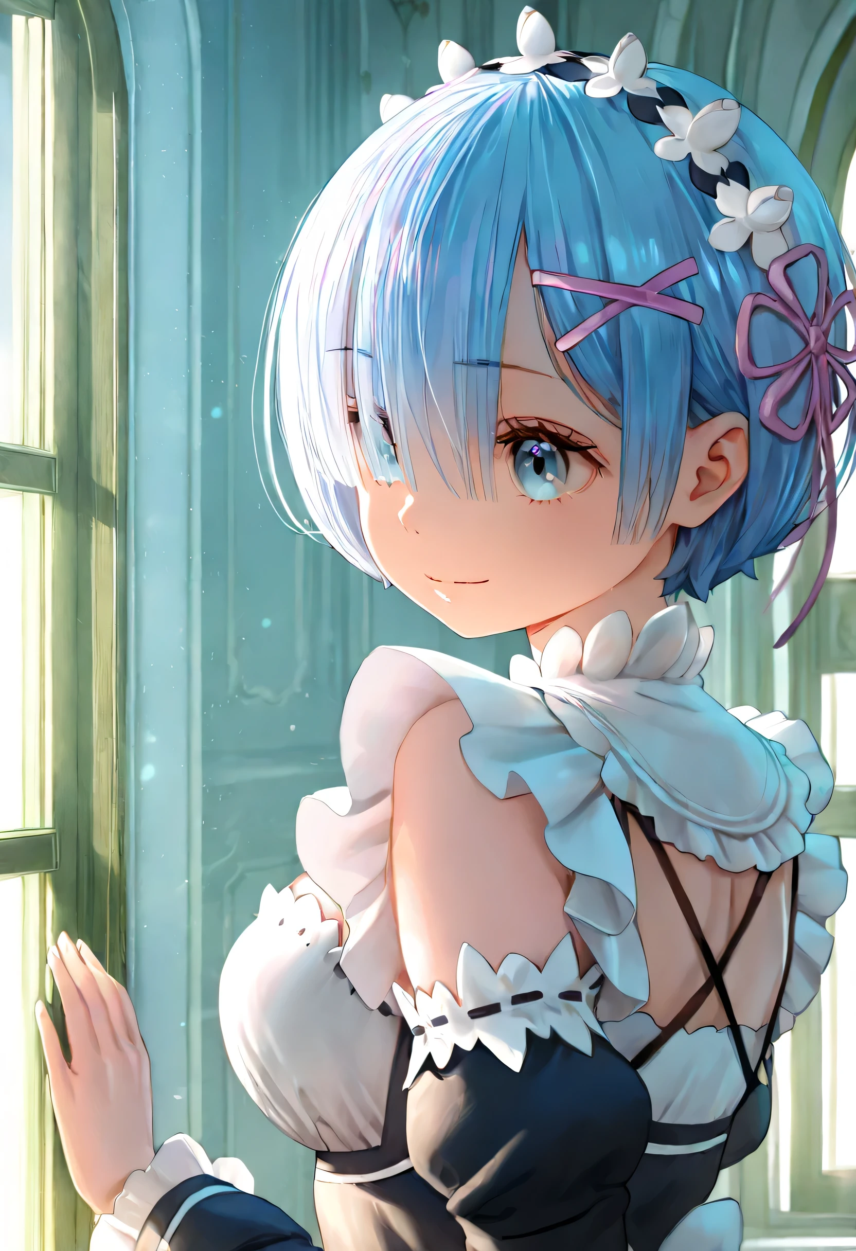 1Girl, Solo, Rem Re:Zero, short light blue hair, light blue eyes, soft smile, frilly maid dress, pink hair ornament, white socks, black maid shoes, inside mansion, near window, soft lighting, portrait, Highly detailed face, highly detailed eyes, calm atmosphere, BEST Quality, 4K, UHD