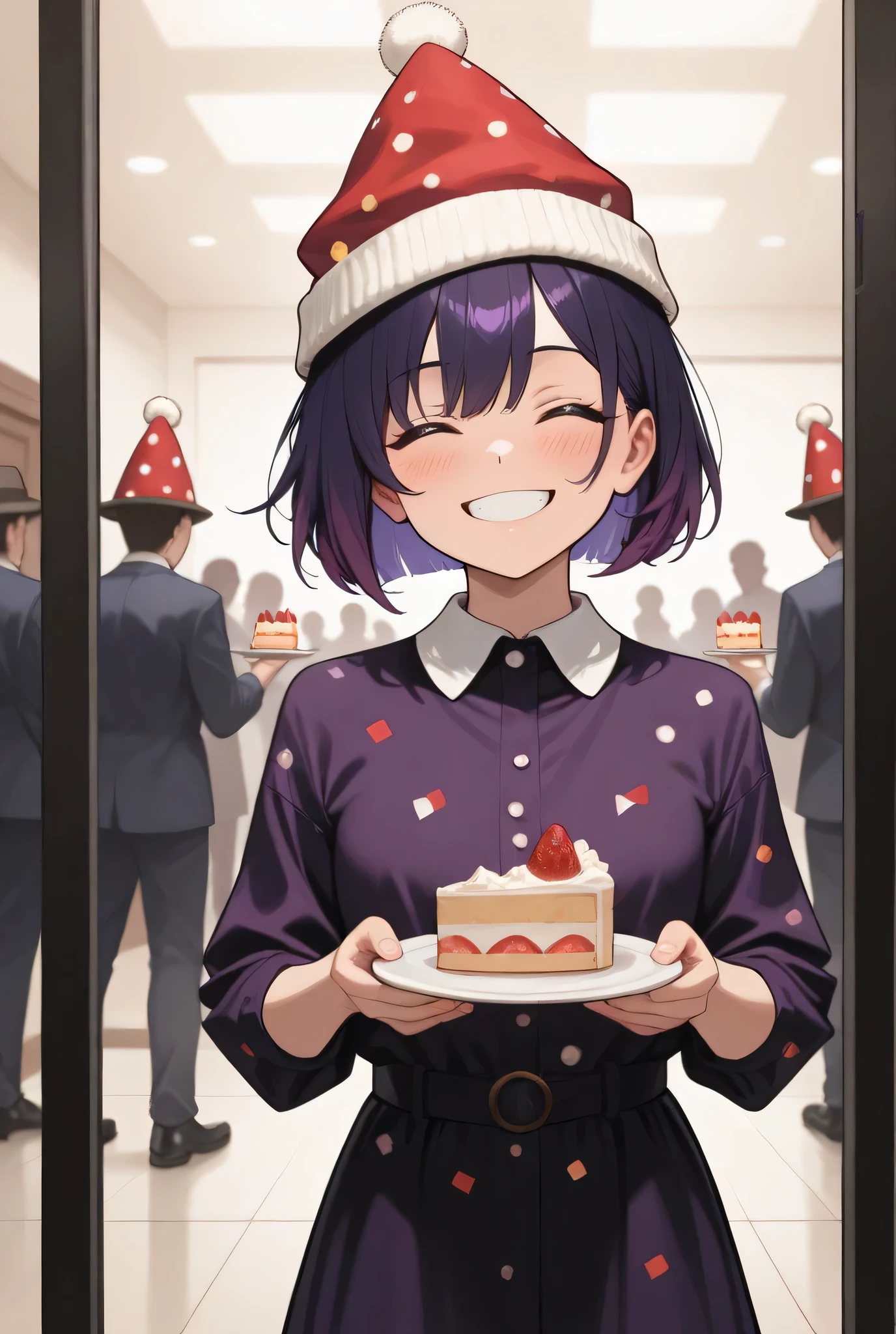 masterpiece, best quality, amazing quality, 1girl, solo, short hair, multicolored dark purple hair, closed eyes, big smile, cake in hand, festive outfit , hat on head , festive hat, there are a lot of people standing behind , joyful people , , cute