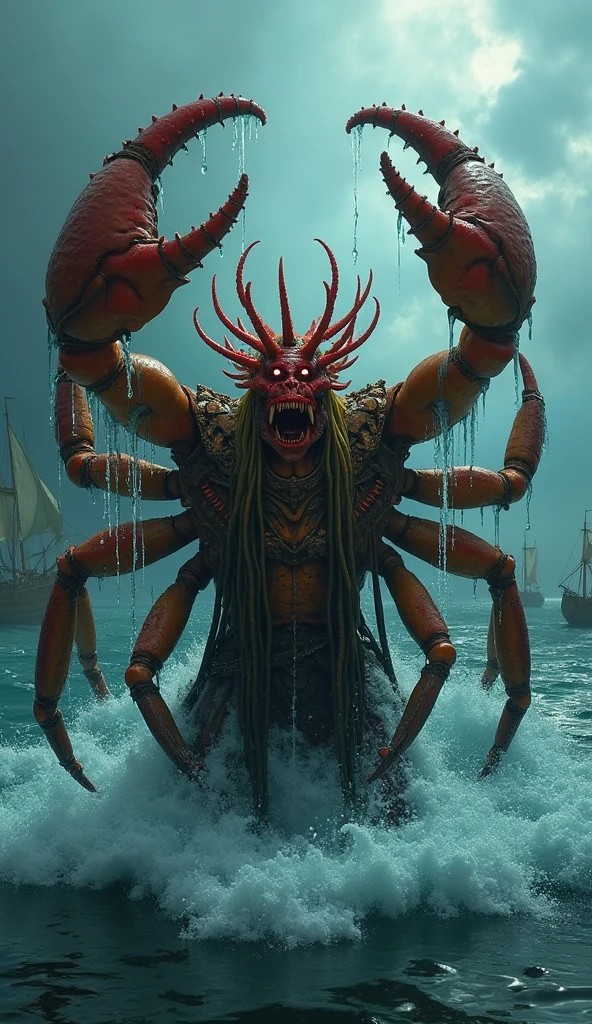 (warhammer fantasy style), gigantic (Khorne, non-human:1.5) the Blood God, looking like a (giant blood Demon:1.4), (but he's dressed as a French citizen, wearing a sailor shirt and handling a baguette with a beret:1.3), warhammer_chaos_spawn, simple background