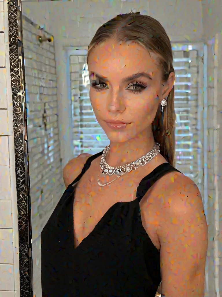 Black Sequined Wrap Midi Sheath Dress, beautiful long curly golden blonde hair pulled back into a low ponytail, gold choker with aquamarine, silver jewelry, against the background of mirrors with purple curtains