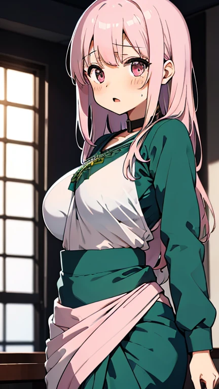 1 girl, 19 years old, Long pink hair, green eyes with slit pupils, master-piece, best quality, (standing up), (pink hakama trousers), (white long-sleeve kimono top, pink hakama trousers, cleavage), (Big , ultra gigantic , Super super big, Glamorous body), Make eye contact with the camera, front figure, looking forward, (light_Smile:1.5), (Detailed hands and fingers:1.2) (feudal Japan), (FULL BODYSHOT), thighs thighs thighs thighs