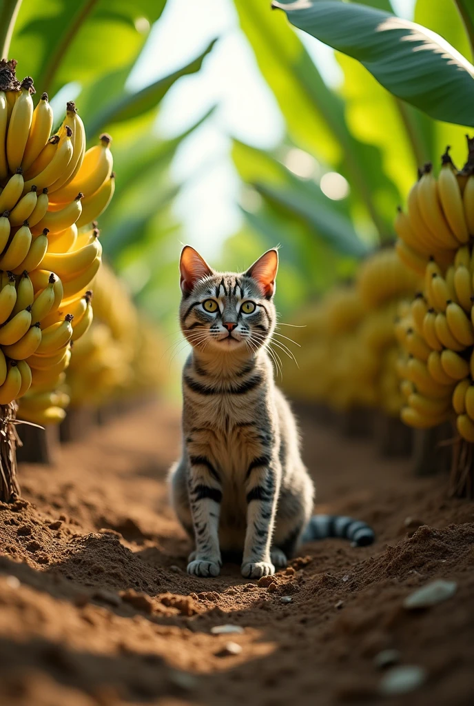 Believe me, an anthropomorphic cat in the field with bananas around him, sad crying mood, 8k, high resolution, the cat well detailed, ultra-realistic cinematography.