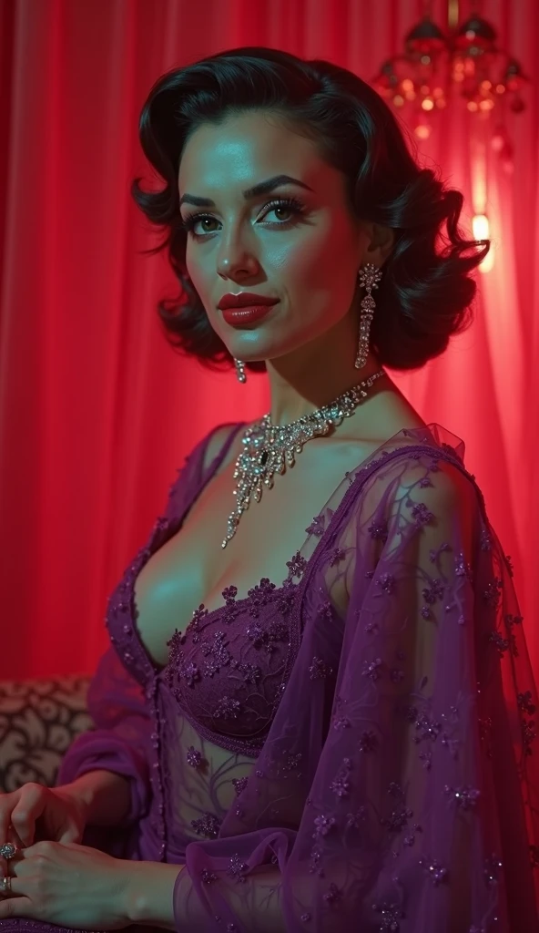 Beautiful girl about 30., exotic beauty, short curly hair, red-lips, in a lilac velor suit, sitting in the room on the sofa, reading a book. Daytime soft light, Vintage room, cinema, Highest Quality, high detail, hyper realisitc, cinematic quality, high detail,