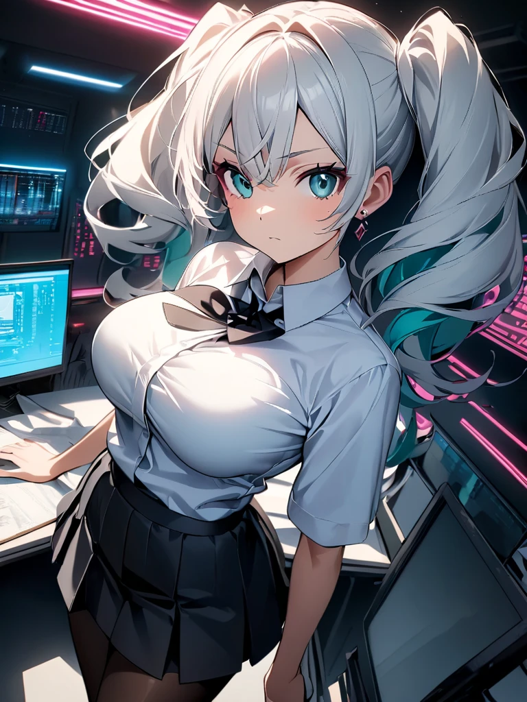 Top image quality、4K,Manteau blanc、(Pill glasses)、(deadpan)、lab room、(Colossal tits)、woman doing research、(Cold look)
