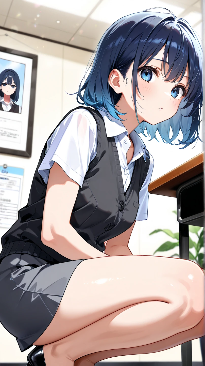 Beautiful lighting, One Girl, solo, Akane, White shirt, (((skirt)))，Sweater vest, Black vest, Blue tie, ((Anime Style))、((2D))、Laughter、Open your mouth、Look forward，((Cotton panties with crotch))，(((skirtめくり, I can see your pants)))，squat，From below，squat，squat，