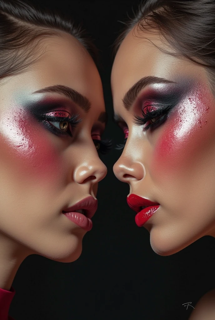 The image depicts a model with an artistic makeup, highlighting her eyes with vibrant shadows, defined eyebrows and voluminous eyelashes. Her flawless, radiant skin is enhanced by a soft blush, while her lips stand out with an intense red lipstick.