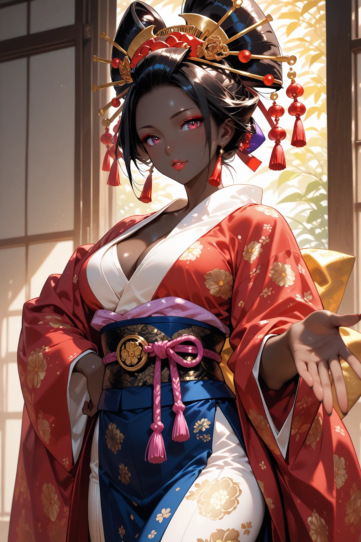 A beautiful geisha, sitting humbly on a deck, watching a extremely detailed glorious epic sunset over majestic mountain forest, african woman, darksiders, ((Black Skin)), picture perfect, (((two hands))).