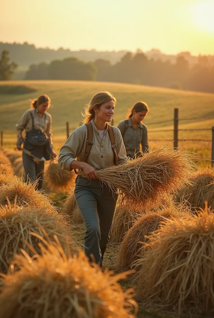 Russian style, children girl, portrait, long blonde hair, farmer style, with hay and wheat rolls and horse.