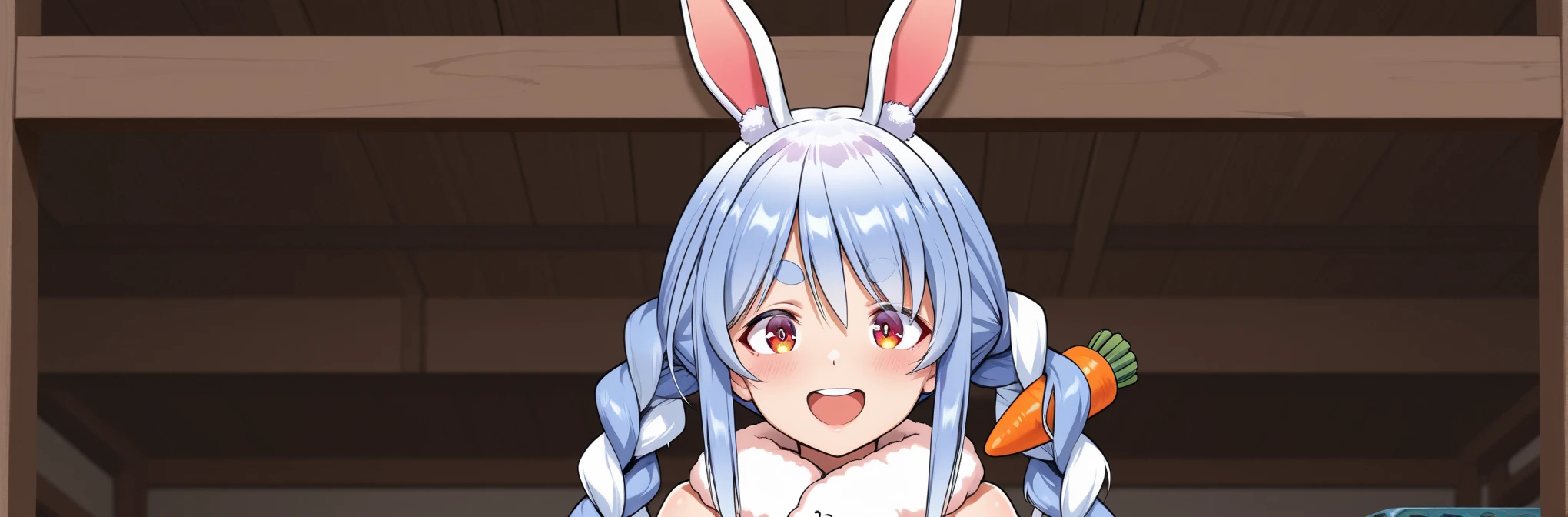 Usada Pekora, Very smiling, Open your mouth,, Noon blurred background,With legs apart.Shavedマンコ.18-year-old.A cup, small breasts.Wet.Putting her finger in her pussy.Masturbating.I'm feeling better.マンコがWet.alone.Shaved.Spread your legs.Showing off pussy.Blushing cheeks.The background is in the room