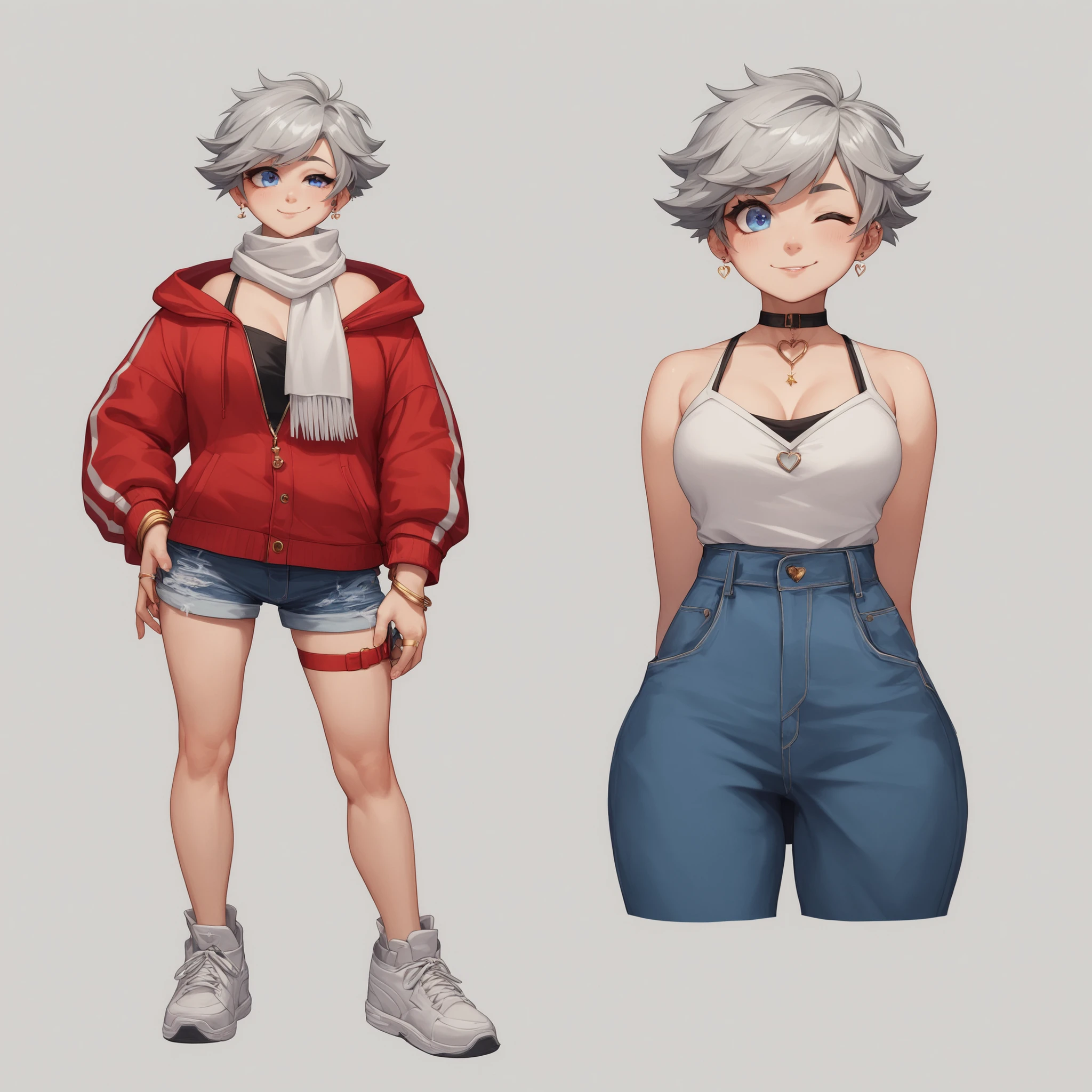 - Hairstyle:short light gray hair,neat and fresh,moderate hair volume
expression:High Cool
- Neck accessory:Wearing an off-white scarf,The scarf has a light blue heart pattern
- Top:Wears a loose white long-sleeved top,The garment has a black “ink mark” on the left chest,
- Bottoms :with a pair of blue denim shorts,with a red and white drawstring on the waistband,
- Feet:Wears a pair of white sneakers with the main color,upper part,with purple shoelaces,
- Hand:Wears a gold bracelet,lightly glowing
Gender Male,adult
For avatars, add background