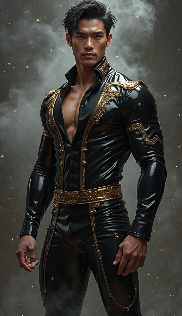 (8k,shipmentsrrealista　shipments　Maximum quality;1.4) (1 young boy) Super handsome king of the underworld　(lifelike face) 　(long wet black hair, shiny black floral hair)　slenderbody　Muscular and hairy and macho　Shiny black floral aristocratic outfit with large golden eyes　black shiny floral decoration　Fangs peeking out of the mouth　Pointed claws　a seductive gaze　Beautiful expression　A hyper-realistic　(King of the Underworld)　appealing　(real looking skin)　super high resolution　high détail　Luxury black floral pants　black pink black aura emanating from the body　effect　 black floral transparent cover 