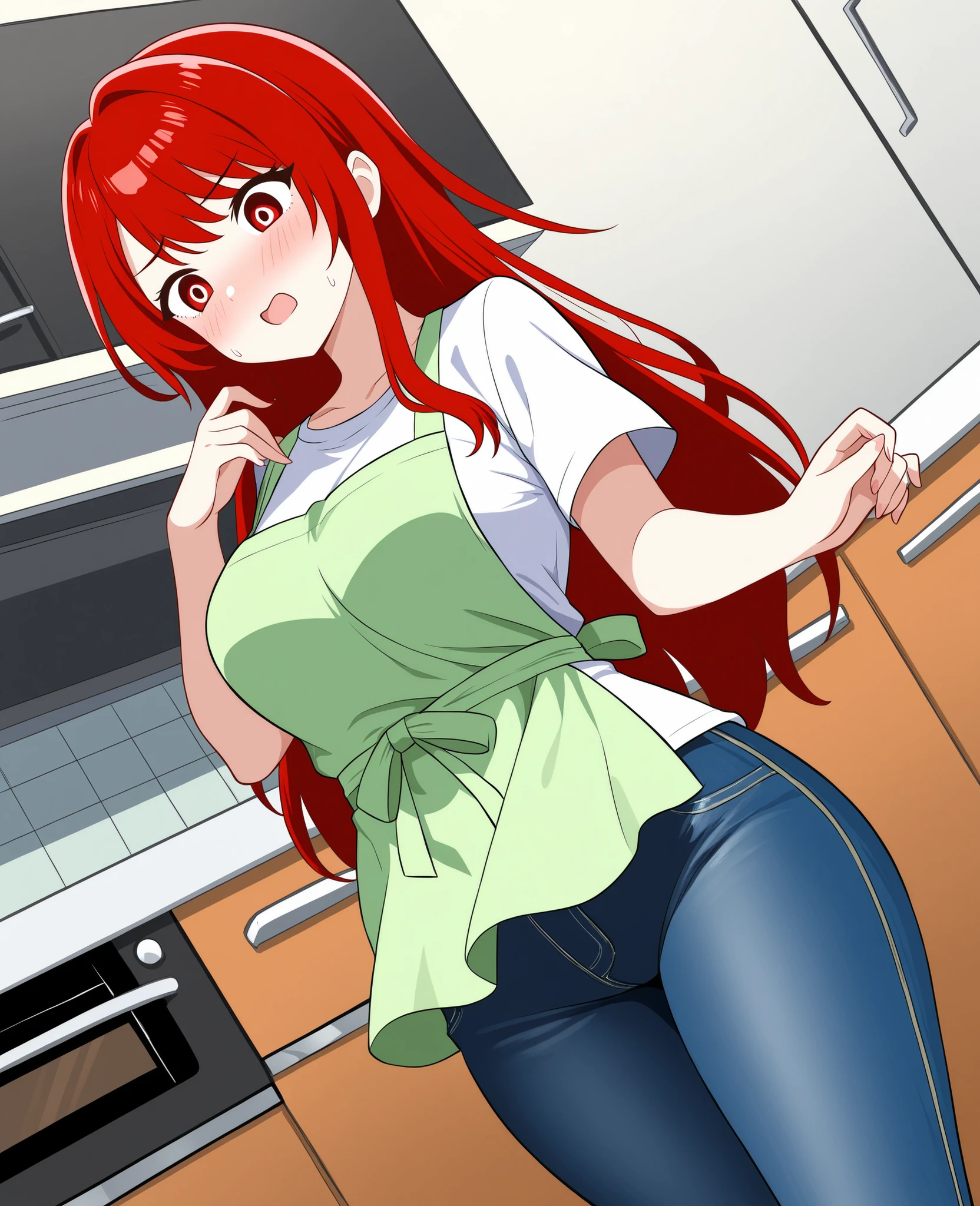  beauty　 Married Woman　0　 red hair 　long hair　attractive　glamour　t shirt jeans　apron　kitchen　dynamic angles　embarrassing expression　　cooking