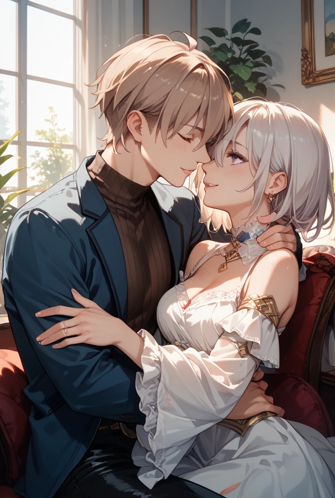 (1woman and 1little boy:1.3),sit, (???? expressions:1.3),{open leg:1.2},((2maid:1.2)),((1little boy Grasp woman's buttocks:1.3)),((Panty shot:1.0)),(White hair,red eyes) ,gold shirt:1.1, (latex clothes:1.1),(in church),(((1milf:1.1))),(embarrassed,blush:1.3),(??????:1.3),(ecstasy:1.3) ,(fucked silly:1.3),(trembling:1.3),(tears:1.1) ,(lace panty:1.1),(gigantic breasts:1.0),(breasts spilling out of white bra:1.1),((steam:1.2)),Masterpiece, Top Quality, Highly Detailed, Dynamic Angle, ((Perfect Hands)), Detailed Glossy Skin, Slender hair, fine eyes), amazing backgrounds, meaningful backgrounds, absurd backgrounds, artistic overlays, and colorful hair. The style is surrealism, cinematic lighting, ray tracing,divine light, perspective,(looking away:1.3),(contrapposto:1.3),(gold decoration),(white and red costume),(long sleeve costume),((Pull up the long lace skirt)),(((very tight shirt:1.4))),(littleboy standing woman behind),From above:1.3