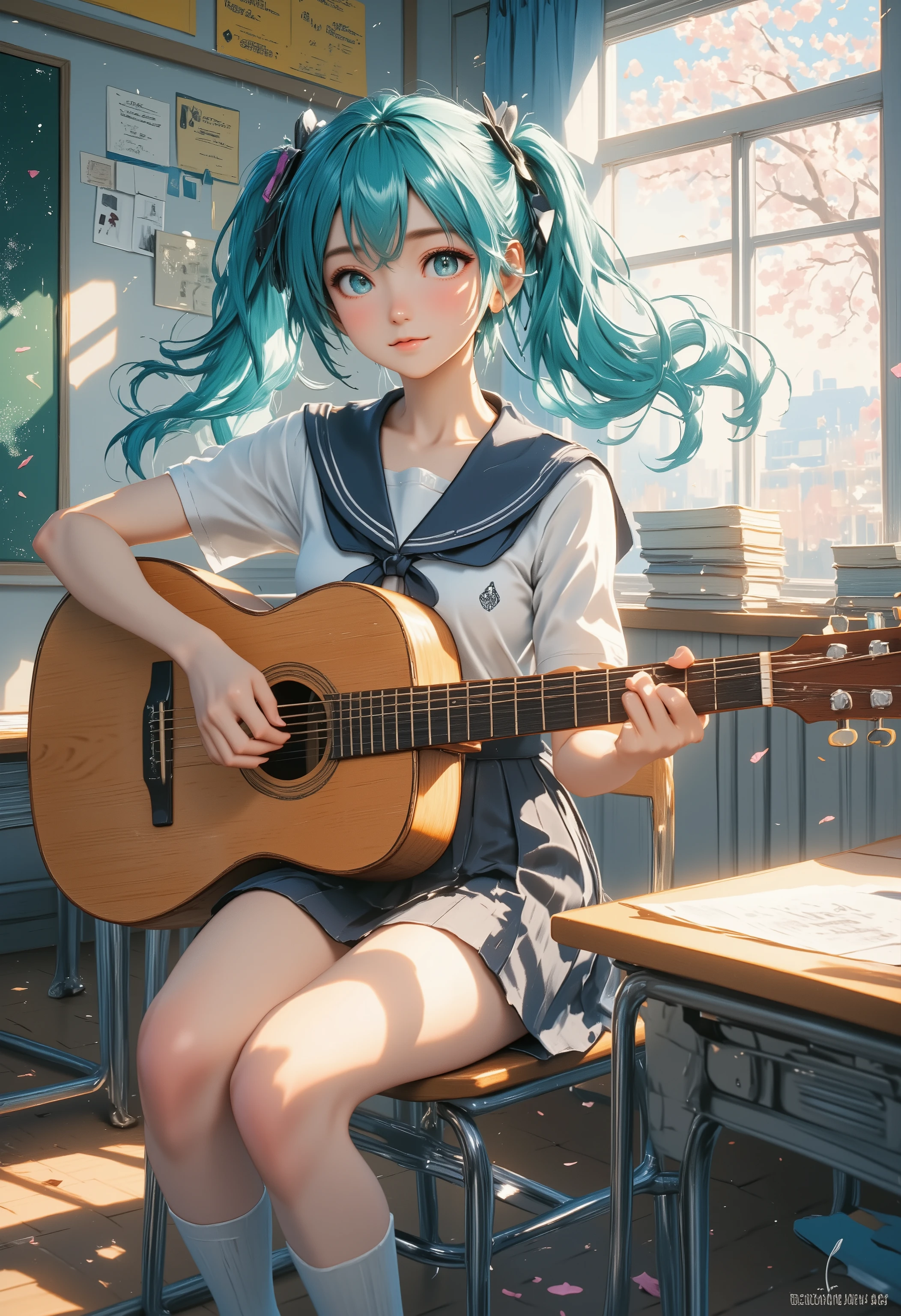Main subject: Hatsune Miku wearing Japanese sailor-style school uniform (white shirt/navy blue ribbon/gray pleated skirt), holding natural wood acoustic guitar, sitting on classroom desk by window playing, teal twin-tails flowing naturally, focused gaze on guitar strings
Detail enhancement: Soft morning light through window creates golden edge light on hair, detailed wood grain reflection on guitar surface, clear fabric folds on shirt, natural shadow pleats on skirt
Background: Traditional classroom setting (dark brown wooden desks/stacked textbooks/chalk-dusted blackboard), cherry blossom petals falling outside window, light blue curtains fluttering, scattered music sheets on floor, music club certificates on walls
