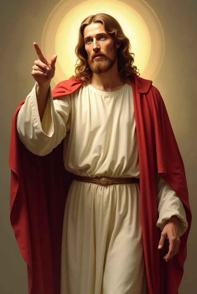 uma imagem de Jesus Cristo, with long hair and beard, wearing a white tunic and a red cloak. Jesus has the index finger of his right hand raised, as if giving a blessing. The background of the image is a natural landscape with hills and a blue sky.."