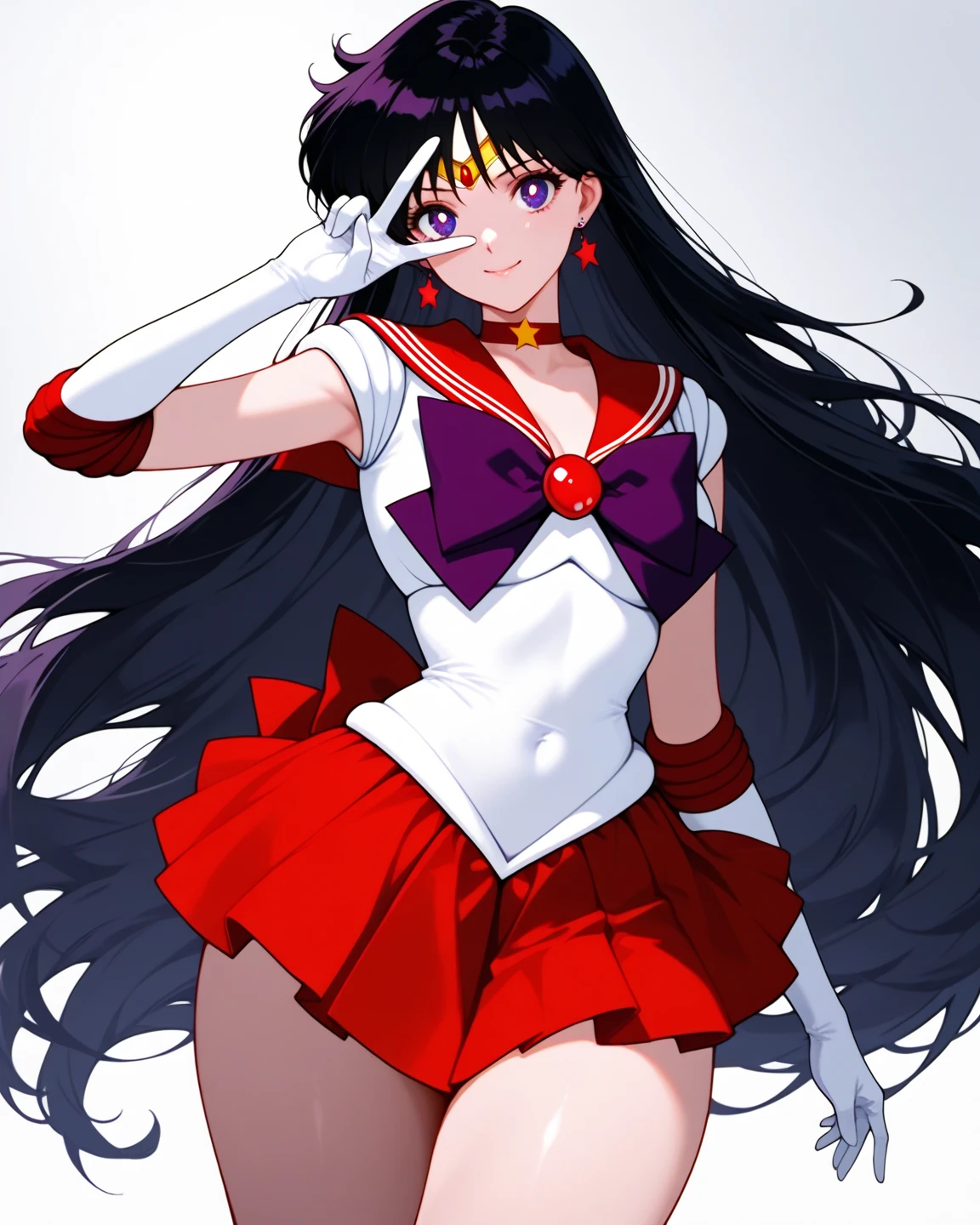 Masterpiece, best quality, high resolution, sama1, tiara, sailor sensi uniform, white gloves, red sailor collar, (red skirt), star necklace, elbow gloves, pleated skirt, bare leg, purple bow, denim shooting, background blur, background light, (((85mm lens))), facing the camera, gentle expression, wind blowing hair, hair (black), posing