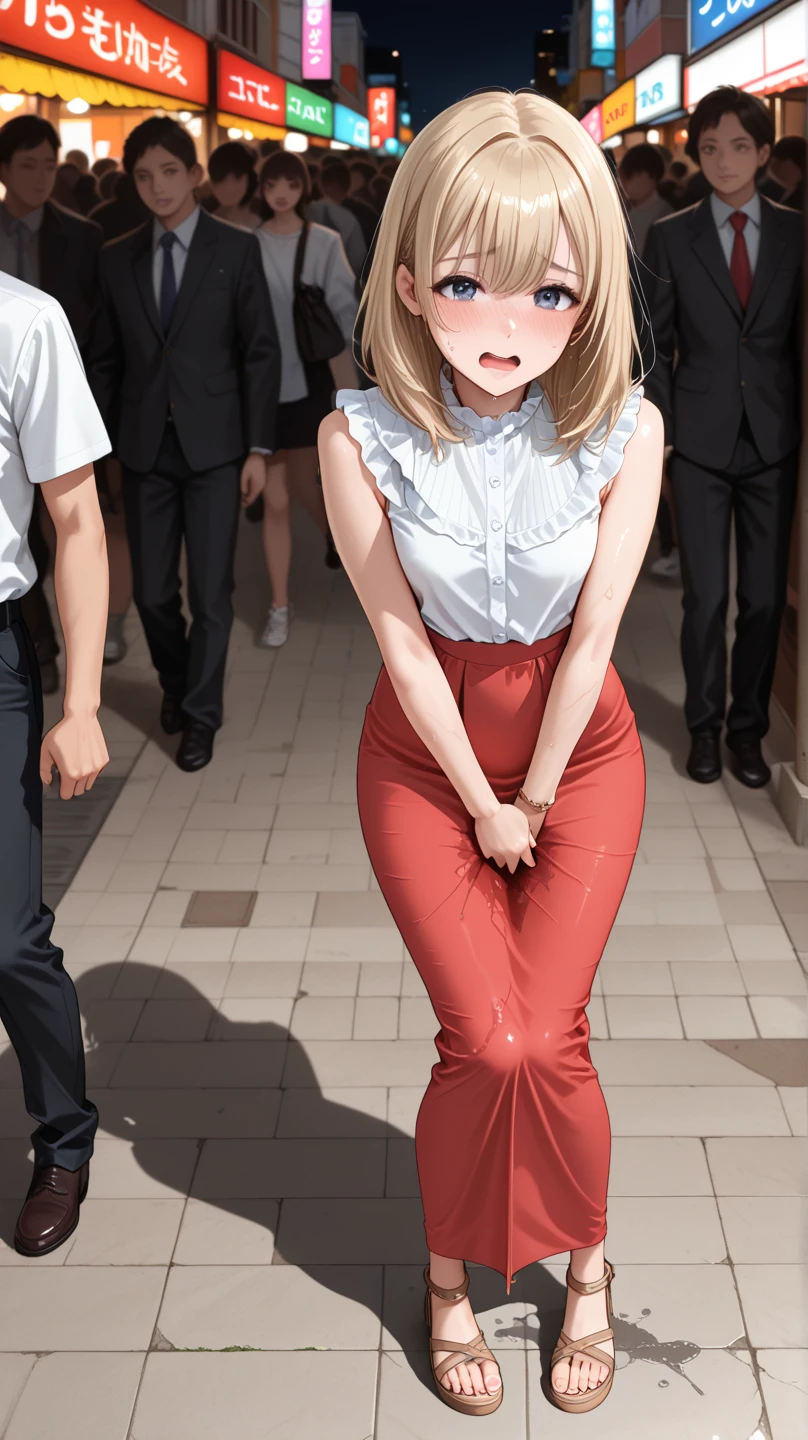masterpiece,Highest quality,1girl,alone,blonde hair,for sale,slave,slave auction,auction,audience,crowd,nude,completely nude,CMNF,