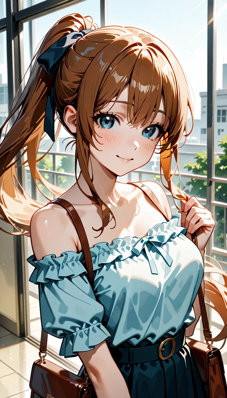 ((Brown hair)),((Braided shorthair)),(With black eyes))),(With bangs)),Slight red tide,(Pajama long sleeve cardigan clothes with lots of frills),((all green and blue)),(Colorful, Cute camisole),(Striped pattern),(The chest is boldly opened and the cleavage is glimpsed),(fairy tale cute platform sneakers),((Colorful and pop world view)),(((The body shape is slender))),((Cute pose like a model)),(Kamime Heath Smile),(close up of face)((Sleeveless Nightgown)),((maxi length clothes)),((Long enough for the hem of the clothes to touch the ground)),(room style)