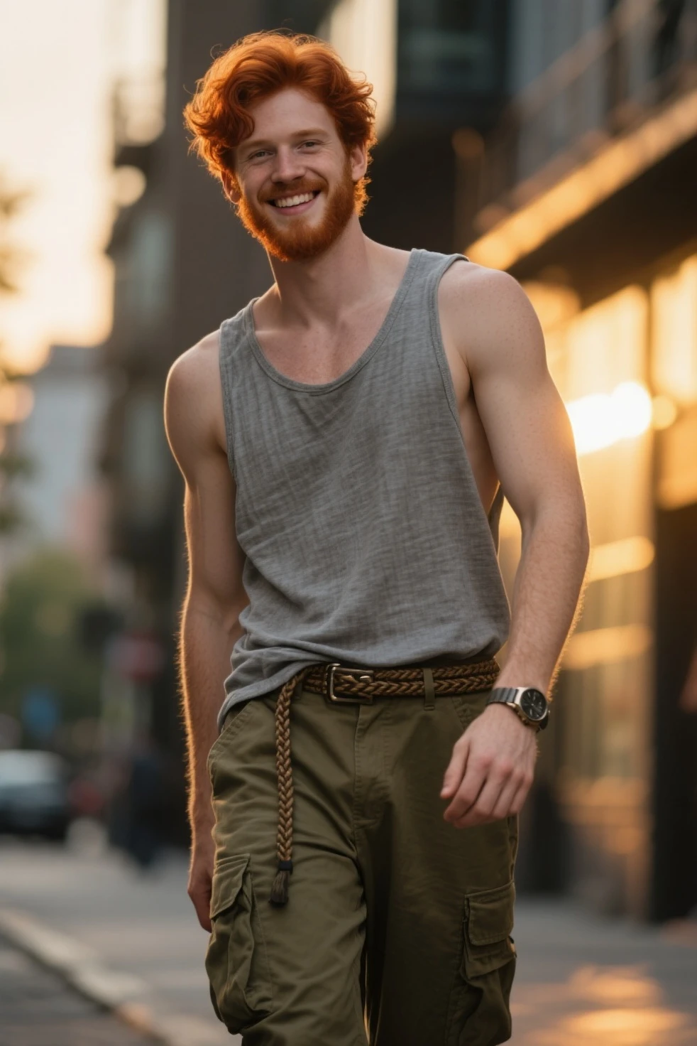 41 year old redhead man, attractive, plump but strong, with a lot of hair on the body, trendy short hair, short beard, gafas wellington, green eyes, leaning against a brick wall, looking at camera in half profile, open shirt showing his hairy body, Skinny jeans highlighting his package, Full body image, street as a stage, soft light, Detailed and realistic image, proportionate body, realistic and detailed, detailed and realistic hair, detailed and realistic body hair, Detailed and realistic clothing, Detailed and realistic scenery, 4k, masterpiece, winner image,
