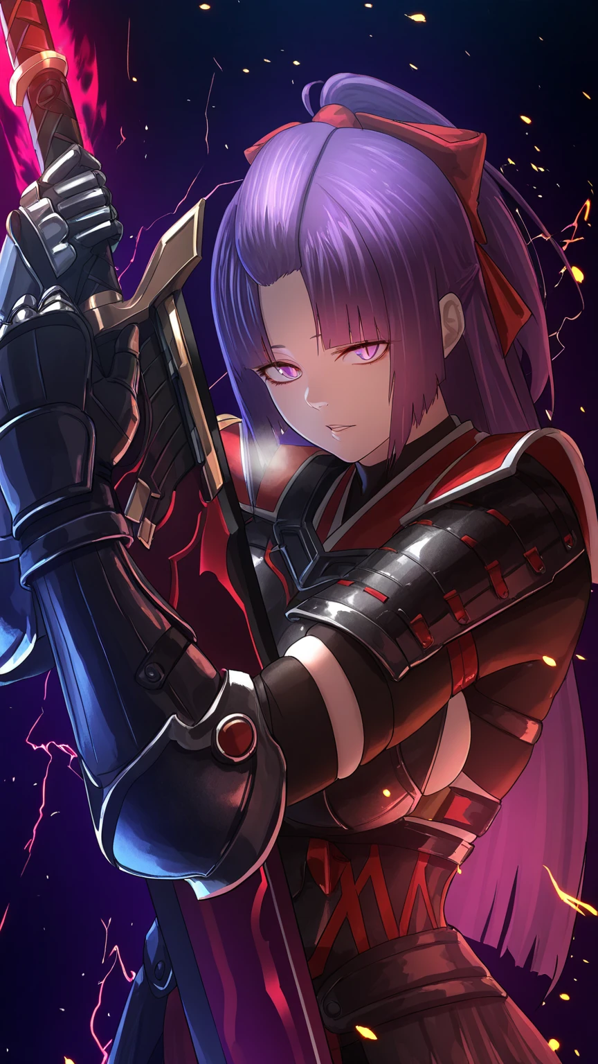 (minami_koyogi-style:1.4), (cis05-style:0.8), ((anatomical correct)), ((embers)), ((Cinematic, unreal engine, eye-catching, ambient occlusion, UHD, masterpiece)), ((perfect lighting)), perfect body, perfect eyes, perfect fingers, gasping, heavy breathing, gasping profusely, ((skindentation)), ((curvy)), SHIKOKU_(MATO_SEIHEI_NO_SLAVE), purple hair, purple eyes, slit pupils, long hair, hair bow, red bow, parted bangs, ribbon trim, half updo hair, bangs_pinned_back, straight hair, ((medium breasts)), plump, (aura), (red aura:1.2), 1girl, solo, armor, weapon, sword, gauntlets, looking_at_viewer, glowing, holding, holding_weapon, holding_sword, glowing_eyes, parted_lips, upper_body, armored_dress, electricity, eyes trails, spark,
