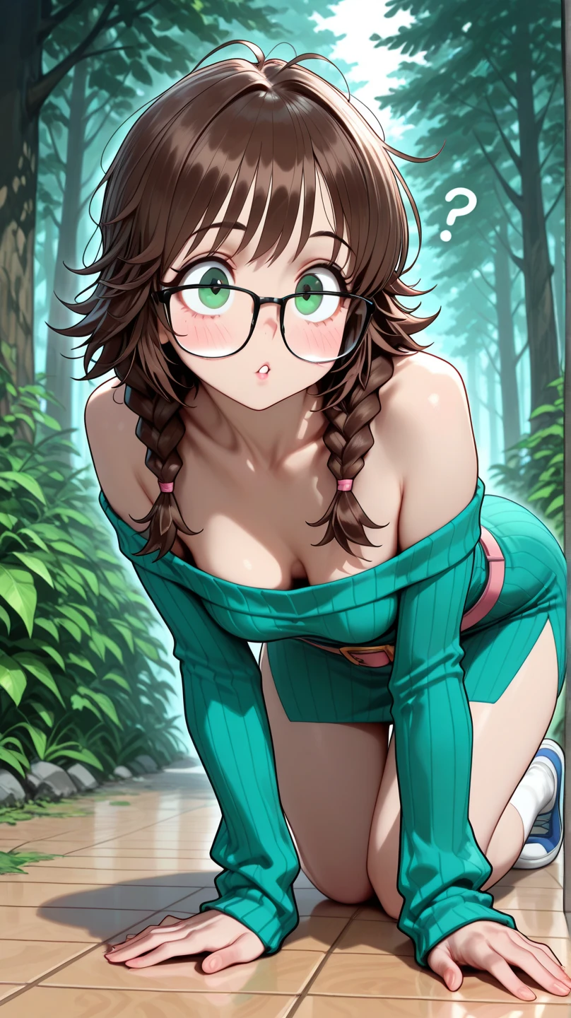 (((4K,8K,Highest quality,Perfect Fingers:1.3,Perfect Anatomy:1.3))),12 years old.woman,((Four fingers and thumb:1.3)),((Perfect human hand:1.3)),((The right number of limbs:1.3)),(alone),futabasakura, futaba sakura, ((Black Hair)), Glasses, Long Hair,(Blunt bangs:1.1),(Purple eyes:1.1), black Knee socks, Fur trim, fur-trimmed Jacket, green Jacket, Jacket, Off the shoulder, off-shoulder shirt, shirt, t-shirt, Knee socks,((Large sagging breasts)),(((Sweat:1.3))),(blush),super oily,View your viewers,((forest:1.3)),((night:1.3)), Contrasting,Smiling Kindly, Spread your arms, Cowboy Shot, No sleeve,長い乳首の上にNo sleeve,(figure:0.8), (Beautiful attention to detail:1.3), Highly detailed face, Highly detailed CG, young,Thigh gap,(I want to pee),(Wet crotch),No underwear,I don't wear panties.,((Detailed Background:1.1)),