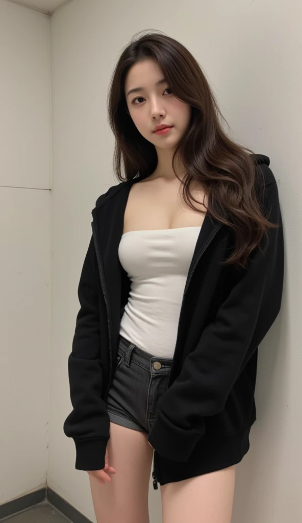 Photo of a 20-year-old woman, perfect face, masterpiece, good, underwear, Black color_good, jacket, Black color_팬티
whole body샷, whole body, standing