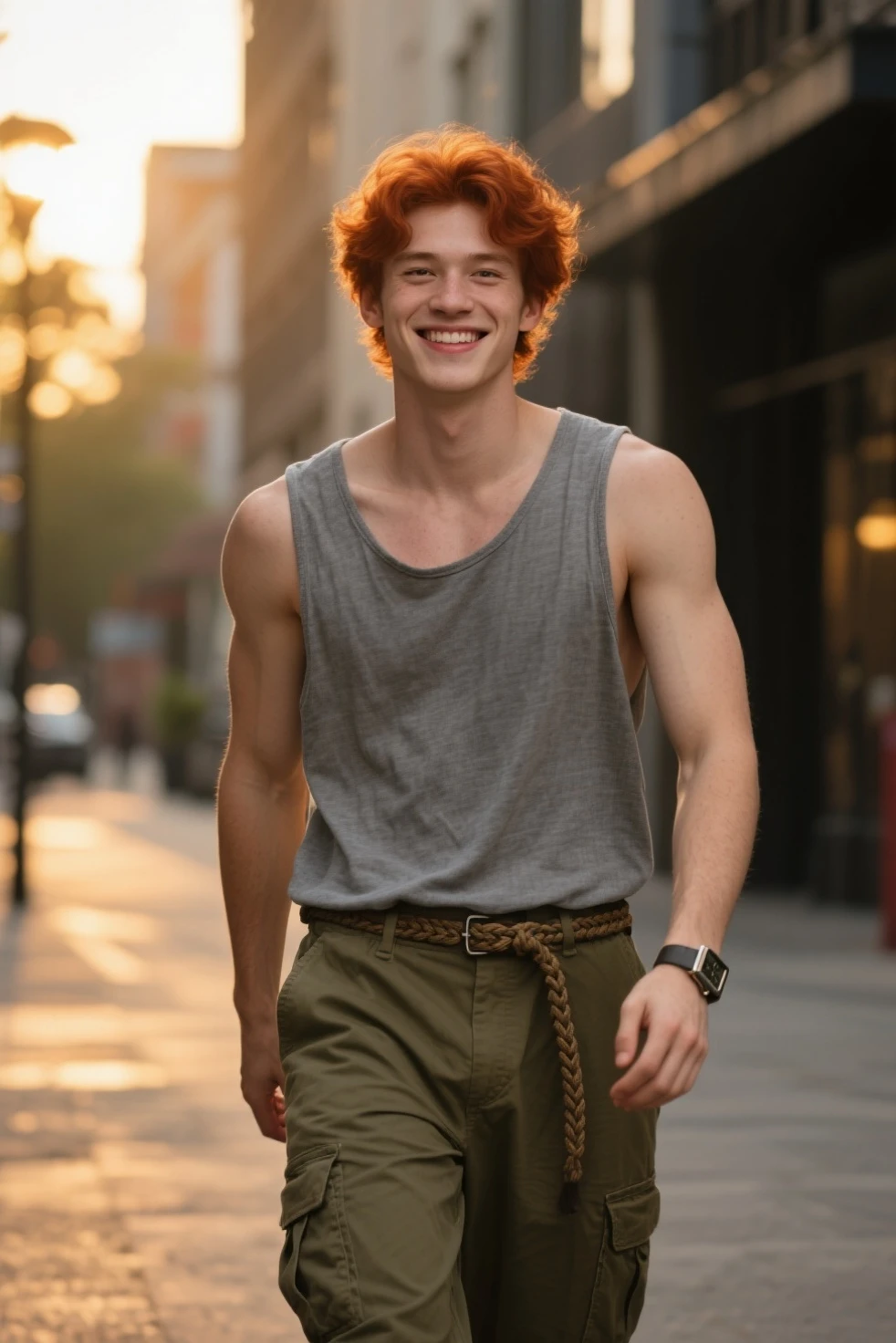 (Photorealism:1.2), A young man with red curly hair, he has dark green eyes like moss, one with freckles on his nose and a smile on his face. Simple clothes, thrown together in a haphazard way. He doesn't have a lot of muscle, but he has a well-defined body with a height of 1,69 with scars on his fists. full body. wearing white underwear. Focus on lower body
