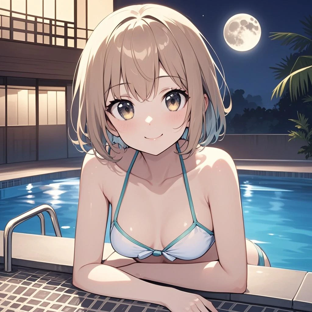 Masterpiece, Best Quality, extremely detailed, cheered up, girl,night pool,high waist bikini,SMILE,:d,action,(small breasts),ass focus 