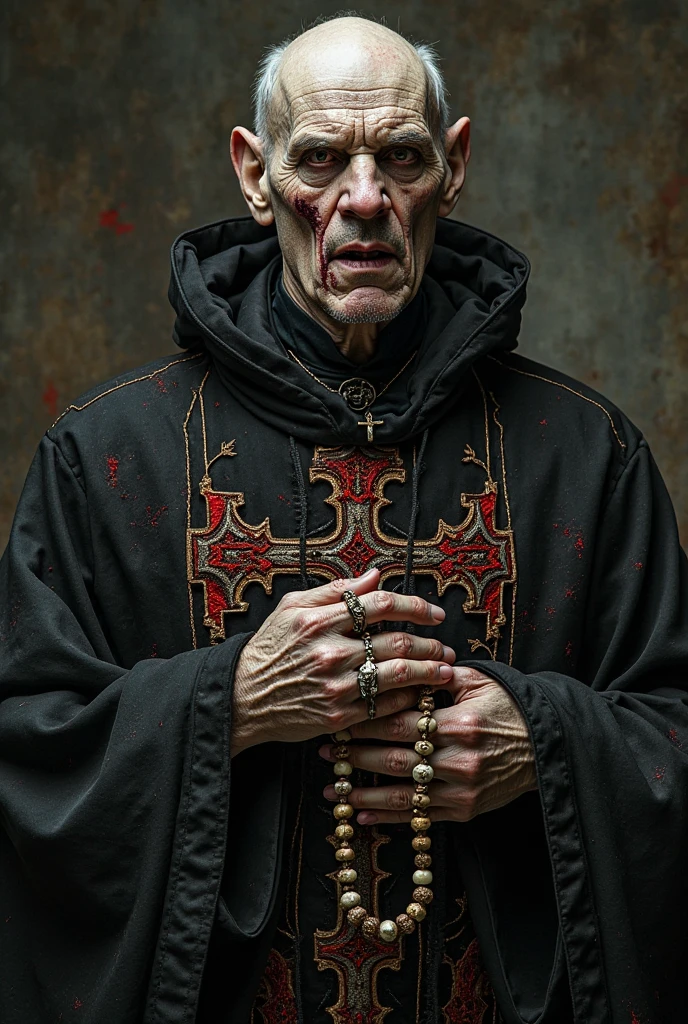 middle age albino with white hair violet eyes soft freckles, black robes with a cross necklace, and with the steampunk prosthetic left hand