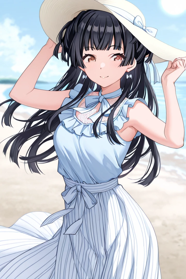 highest quality、realistic、Japanese、girl、whole body、look at the camera、cute、smile、orange eyes、long hair、black hair、all back、Forehead is coming out、Ocean、sleeveless dress