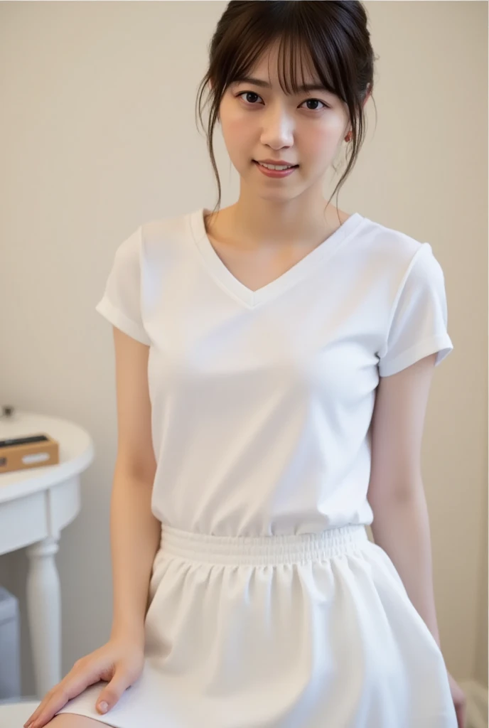 american shot, full body, perfect image, face symmetrical, (dark brown hair color), messy hair, eyes of the same hair color, Slim build, (only 1 slim Hungarian woman of 17 years old), ((student and (( (woman nurse in white uniform with 60% pleated miniskirt, bare thighs and legs))), (upward wind))), seductive pose, perfect body, she is in front of a waiting room in a hospital, There is a very strong upward wind strong, intricate details, Pose: sexy rear dynamics, high contrast, Solar side lighting, detailed contrast light and shadow, Canon eos professional camera with 50mm lens