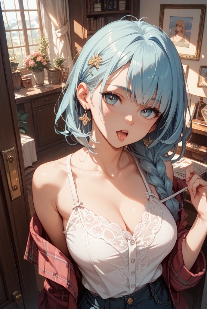 absurd, 8K, high resolution, Ultra-detailliert, beautiful, Meisterwerk, best quality, very pretty woman, Jung, (mehrfarbige Dessous:1.6), sexy, (very large breasts:1.4), detailliertes Frauengesicht, Sehr attraktiv, Yamato\(Einteilig\), mehrfarbiges Haar, White hair, green hair, Oni-Horn, farbiges Horn, Lange Haare, Rote Augen