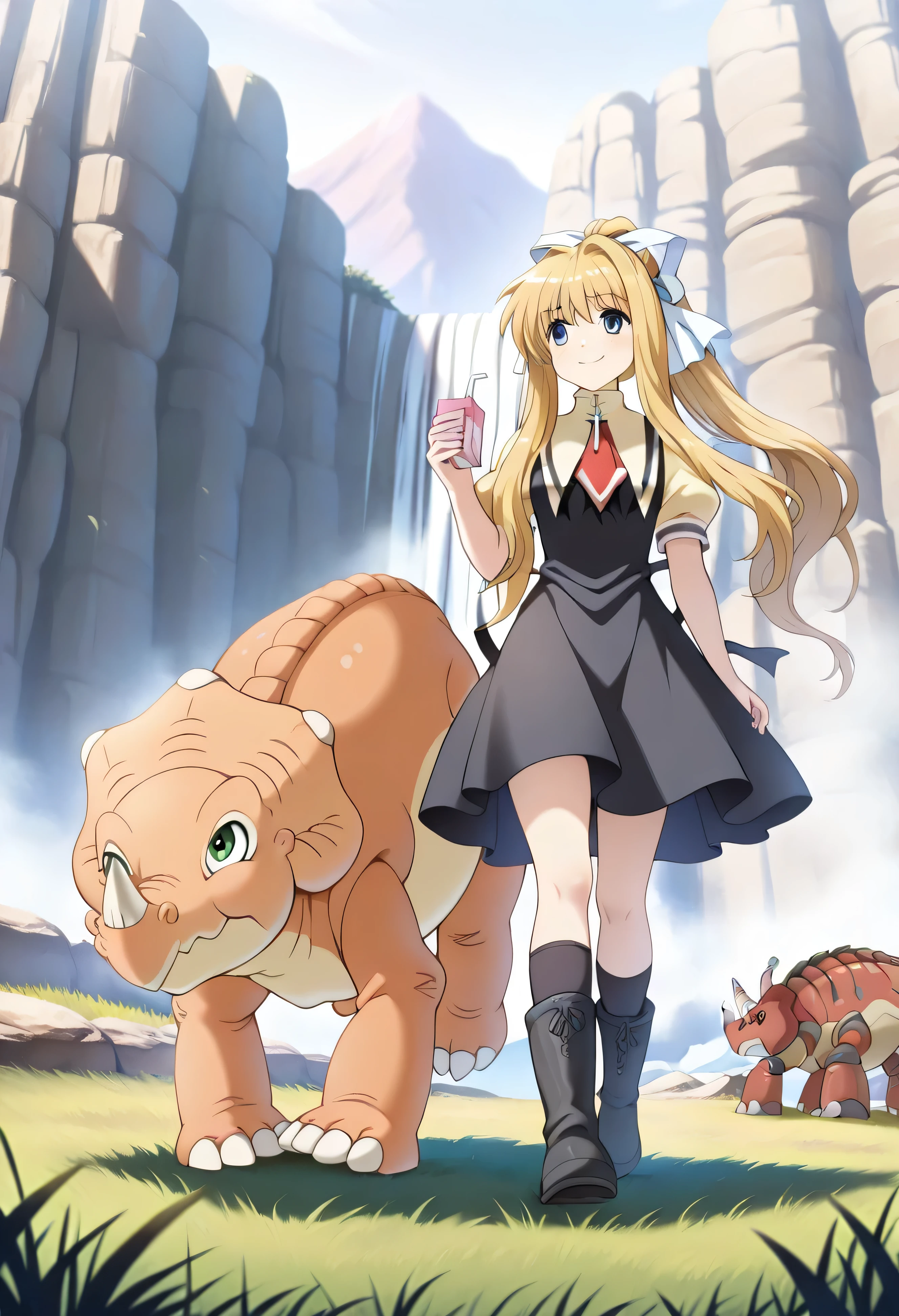masterpiece, best quality, ultra detailed, hdr, 1girl, 1dinosaur, walking side by side, looking at each other, front view, smiling, full body, sunny valley scenario, daylight, grass, rocky waterfall with dinosaur shadows on the back, BREAK, 1girl, kamio misuzu, ((blue eyes, long hair, blonde hair, ponytail, white ribbon on hair, black dress, yellow shirt, red tie, extra long black socks, black boots, holding one pink juice box)), BREAK, CeralbtIL, 1dinosaur, ((half a person height, scalie, triceratops, dinosaur, quadrupede, hoof, scalie, green eyes))