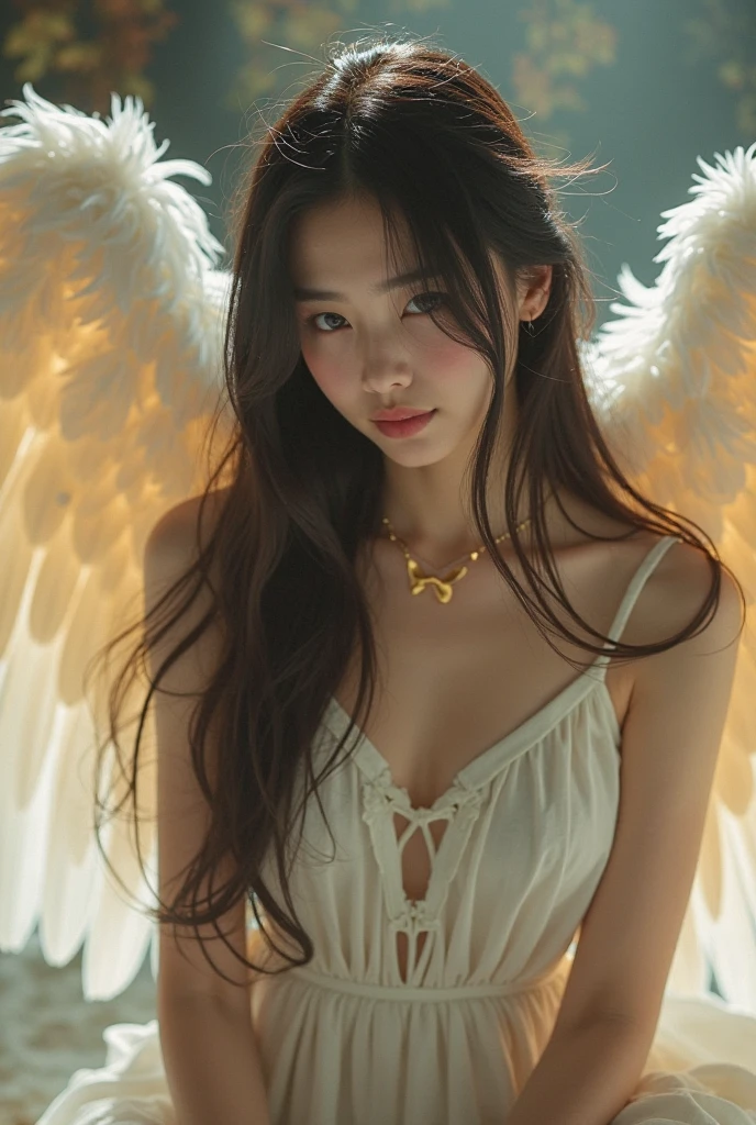 Best quality, masterpiece, digital art, artstation, 8k, HDR, volumetric lighting, gorgeous Woman, NyottenguA, red bikini, rose long hair, blue eyes, angel wings, seduce, lying in bed, open legs, looking at viewer
