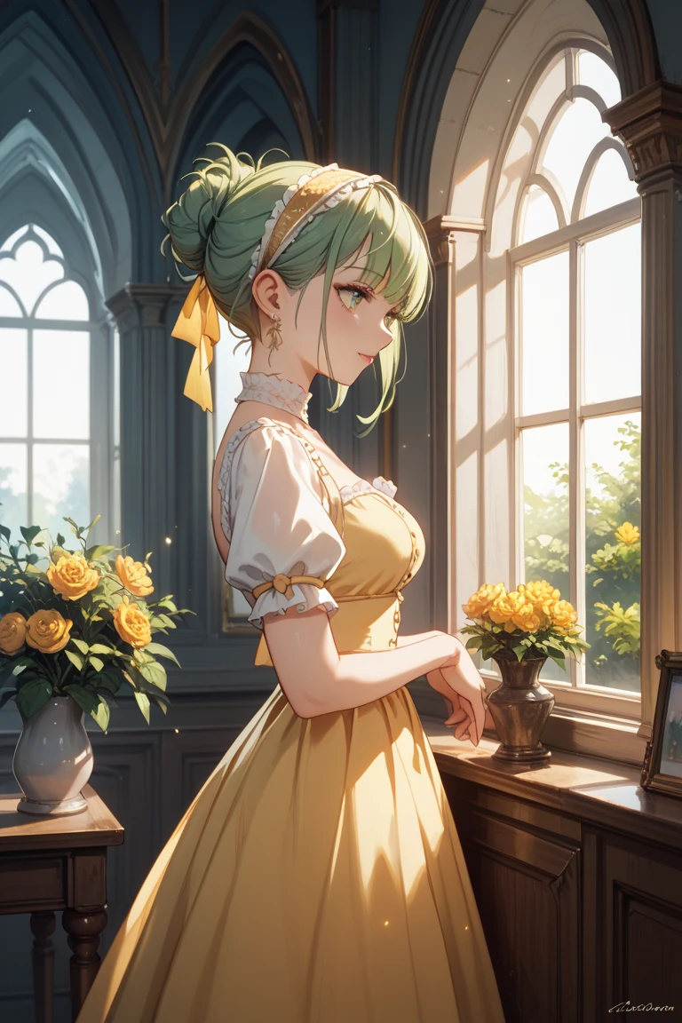 ((masterpiece,hight resolution,8K picture quality,top-quality)),1girl in,((extra detailed face)),a 20 yo woman,Sateen,Delicate eyes,Yellow eyes,((hairstyle on:buzzcut,Green hair)),orange rose hair ornament,Dramatic makeup,profile,Large piercings,Smile gently,((smooth lips,Orange Lipstick,Attractive lip)),Natural complexion,Mock sleeveless white knit,a necklace,sun light,double tooth,((White window sill,Orange roses bloom outside the window,Perfume bottles lined up on a shelf)),